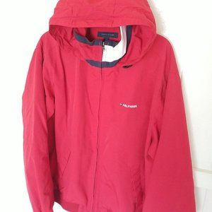 TOMMY HILFIGER Mens L/S Hooded Convertible Jacket Logo Collar L 2008 Red Nylon